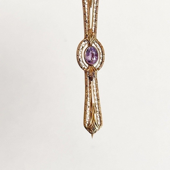 Antique 14K Solid Yellow Gold Intricate Design Detailed Amethyst Bar Brooch Pin - Picture 7 of 11